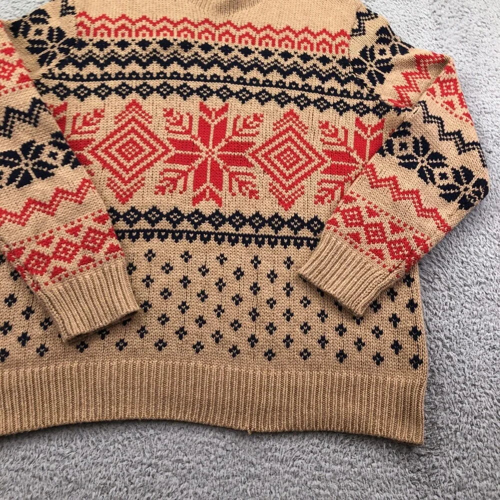 Vineyard Vines Sweater Mens Large Beige Fair Isle Snowflake Roll Neck Knit